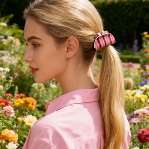 Pink and dark red striped hair claw clip worn by a model in a colorful garden setting
