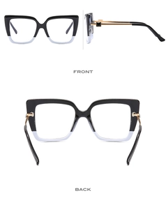 Detailed multi-angle views of gradient blue cat-eye frame glasses with gold metal temples