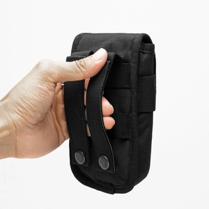 Tactical black nylon molle pouch with heavy duty metal snaps on back for waist belts