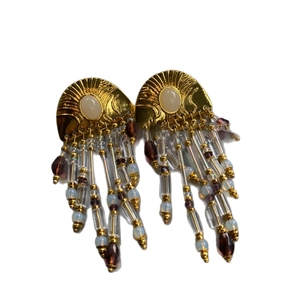 French vintage fringe earrings with sunray engraving, cream stone, and purple beads