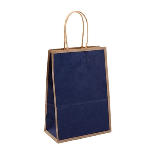 Vertical dark blue kraft paper gift bag with natural brown handles and borders