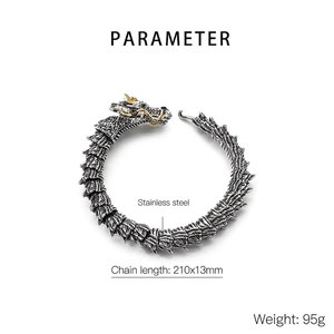 Detail of dragon head bracelet with green eyes and 210x13mm stainless steel scale texture