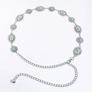 Elegant silver metal waist chain with oval turquoise stones on a minimalist white background