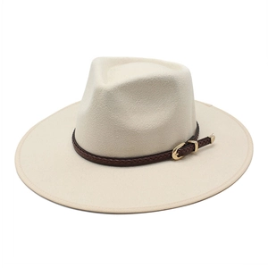 Elegant cream wool fedora hat featuring a brown braided leather band and gold buckle