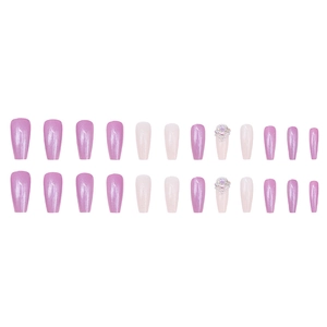 Purple aurora long coffin press-on nails set with glitter and rhinestone pearl accents