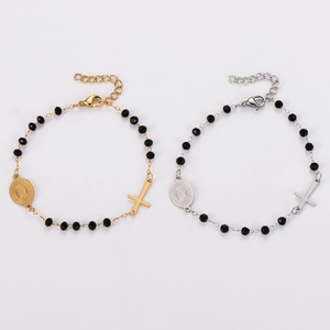Rosary Bracelet 304 Stainless Steel Black Faceted Beads Cross Virgin Mary Medal Religious Jewelry Adjustable For Women Men