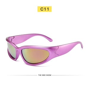 Side view of metallic pink Y2K cycling sunglasses with reflective lenses and C11 frame