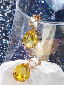 Teardrop yellow gemstone earrings in rose gold finish on a dreamy starry background