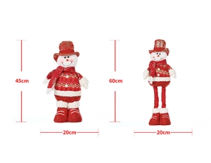 Detail showing retractable leg feature and dimensions for Christmas snowman plush decor