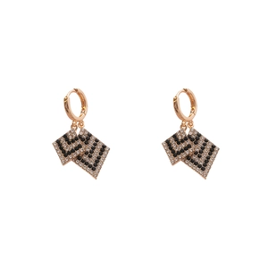 Elegant gold diamond rhombus threader earrings with black and clear crystal patterns