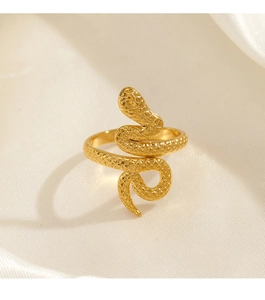 Detailed macro view of 18K gold plated snake ring with intricate textured scales on silk