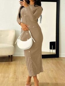 Elegant light brown knitted bodycon midi dress with front buttons and long sleeves