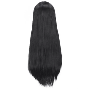 Rear view of 80cm long straight black cosplay wig showing smooth texture and high volume
