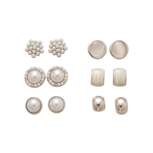 Set of 6 pairs minimalist silver needle earrings with zircon and pearls on white base