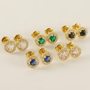 Stainless Steel Round Halo Stud Earrings 18K Gold Plated Zircon Inlaid Niche Design Elegant Geometric Jewelry For Women