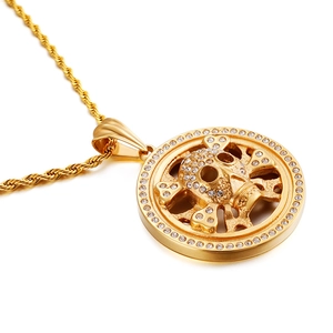Hip hop gold skull and crossbones pendant necklace with white diamonds on rope chain