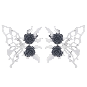 Gothic hollow butterfly earrings with black rose elements on a white background