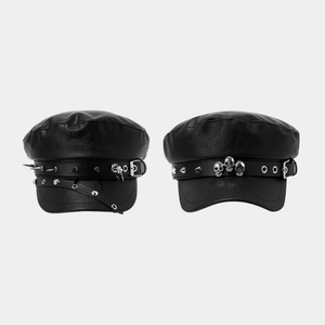 Punk Gothic Cadet Cap Military Hat Black PU Leather With Silver Metal Spikes Skull Studs Rock Hip Hop Style For Men Women