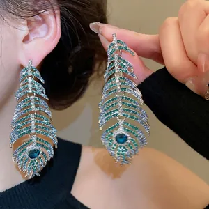 Luxury silver leaf feather earrings with emerald and blue rhinestones for women