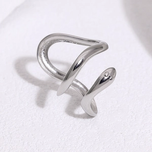 Macro shot of silver polished snake ring with adjustable opening and engraved scale details