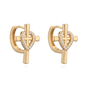 18K gold-plated cross hoop earrings for women featuring sparkling zircon heart charms