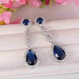 Elegant teardrop earrings with royal blue zircons and silver plating for wedding and evening events