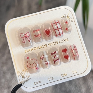 Cat Eye Press On Nails Sweet Puppy Heart Bow Plaid Pattern Shimmer Handmade Style Reusable False Nails For Women