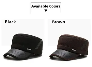 Detailansicht von Winter-Flatcaps in Schwarz und Braun mit Sport-Textbestickung