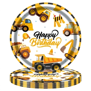 Disposable construction vehicle party plates with excavator for kid's birthday decor
