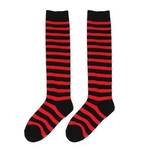 Detailed knit texture of red and black striped over-knee high socks for girls