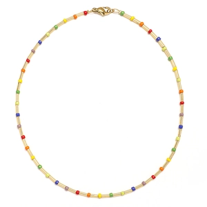 Handmade colorful beaded sweater necklace with gold tube beads and lobster clasp