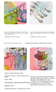 Detail of creative gel pens with unique pendants like crystal heels and shell charms