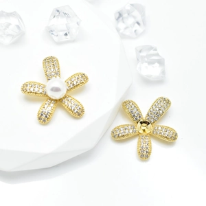 DIY gold sunflower pearl pendant setting with micro-pave crystals on white stand