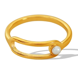 Irregular multi-layered 18K gold-plated ring with a single white pearl on a white background