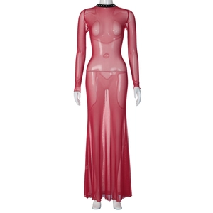 Detail of red mesh maxi dress featuring black rivet studs on the neckline and long sleeves
