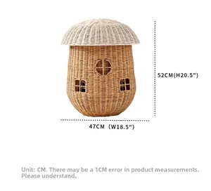 Detail view of woven mushroom storage basket showing window cutouts and dimensions
