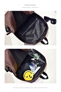 Deep interior storage of dark brown PU leather backpack with multiple daily essentials