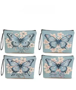 Detailed pattern display of light blue cosmetic bags with floral butterfly prints