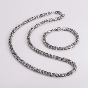 Silver 7mm foxtail chain necklace and bracelet set in polished stainless steel for men
