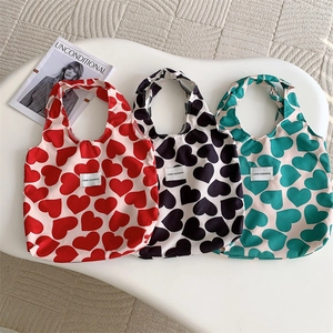 Corduroy Canvas Tote Bag Heart Print Large Capacity Shoulder Bag Casual Shopping Handbag Women Student Korean Style