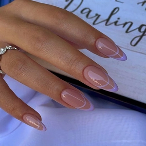 Glossy Long Almond Press On Nails French Purple Crescent And Nude Pink Elegant Artificial False Nails For Women