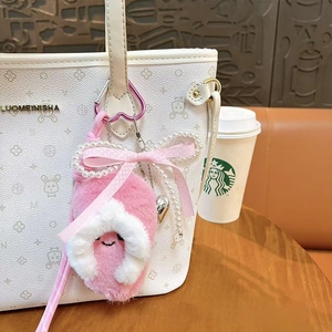 Cute pink plush slipper keychain with pearl bow and heart hook for handbag decor