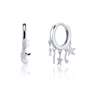 Elegant silver star and moon drop hoop earrings with reflective white background