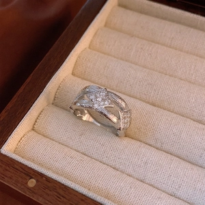 Vintage silver zircon rhombic wide ring with brushed metal texture in a jewelry box