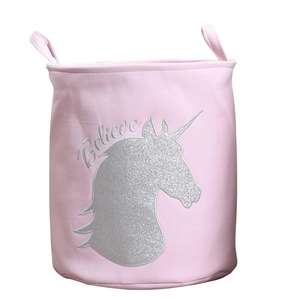 Pink canvas storage laundry basket with silver glitter unicorn and Believe text design