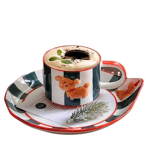 Hand-painted green striped ceramic coffee mug set with 3D teddy dog relief for gift