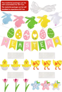 Detailed DIY Easter felt banner set with colorful eggs, bunnies and chickens on white