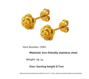 Detailed view of 0.7cm matte gold rose earrings in eco-friendly stainless steel