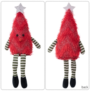 Front and back view of a plush red Christmas tree doll with long striped legs