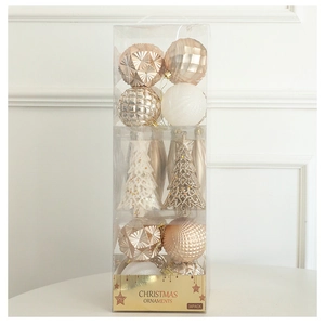Detailed set of 34 champagne gold and pearl white Christmas ornaments in a clear box